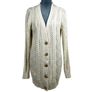Chunky Fisherman Cable-Knit Cardigan Sweater Womens Large Cream Gold Shimmer